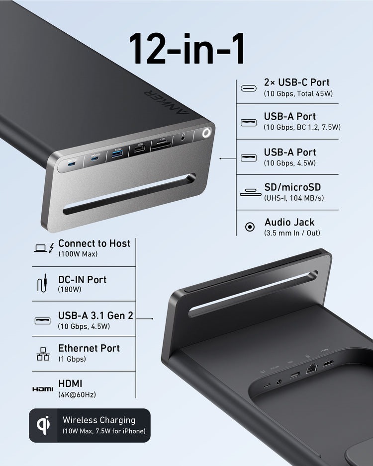 Anker 675 USB-C Docking Station ((12-in-1, Monitor Stand, Wireless) Hubs and Docks 黒 | KQ592349N2