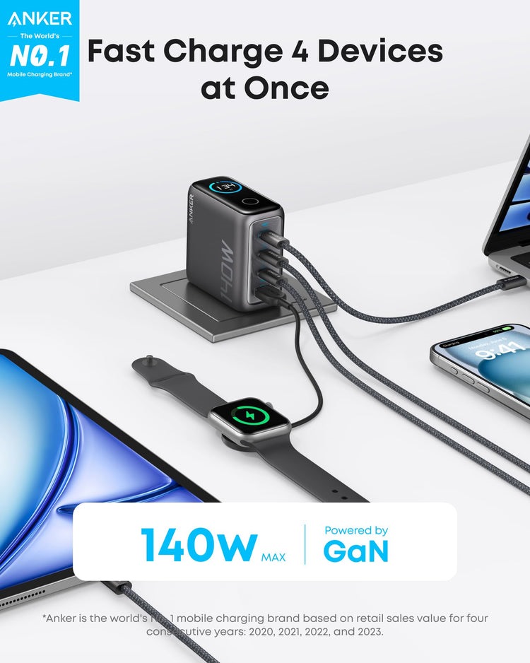 Anker Laptop Charger ((140W, 4-Port, PD 3.1) with USB-C Cable 充電器 黒 | QL857385Q9