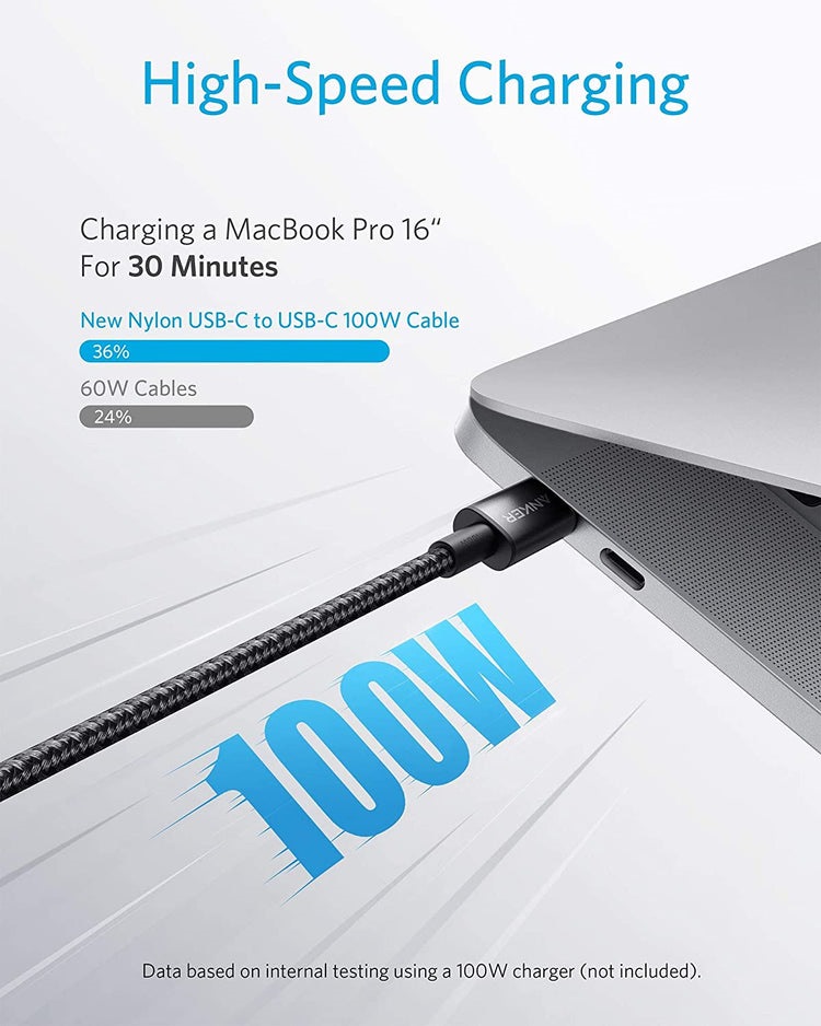 Anker New Nylon USB-C to USB-C 100W Cable ((10 ft) ケーブル 黒 | CR039813A6