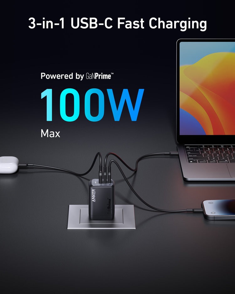 Anker Prime 100W GaN Wall Charger ((3 Ports) 充電器 黒 | SW916401L8