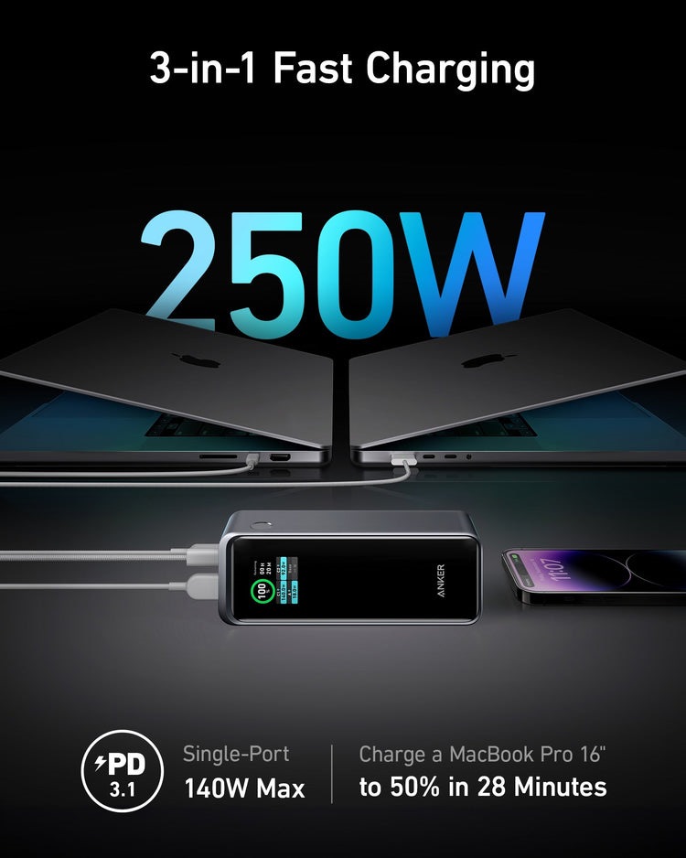 Anker Prime 27,650mAh Power Bank ((250W) and 100W Charging Base パワーバンク 黒 | XX782948E0