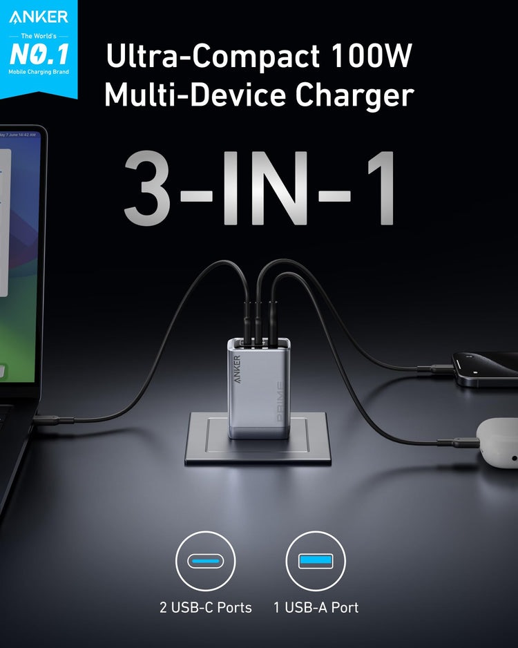 Anker Prime Charger ((100W, 3 Ports, GaN) 充電器 グレー | DE366956V1