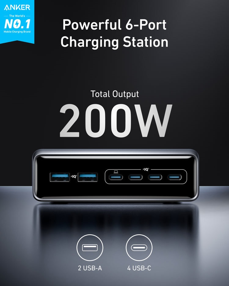 Anker Prime Charger ((200W, 6 Ports, GaN) 充電器 黒 | MR704700G5