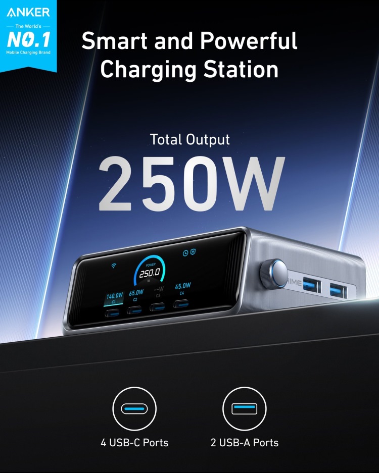 Anker Prime Charger ((250W, 6 Ports, GaNPrime) 充電器 黒 | BL762736D2