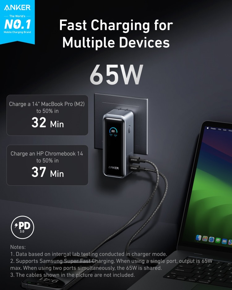 Anker Prime Power Bank ((9.6K, 65W, Fusion) パワーバンク 黒 | YK810491B7
