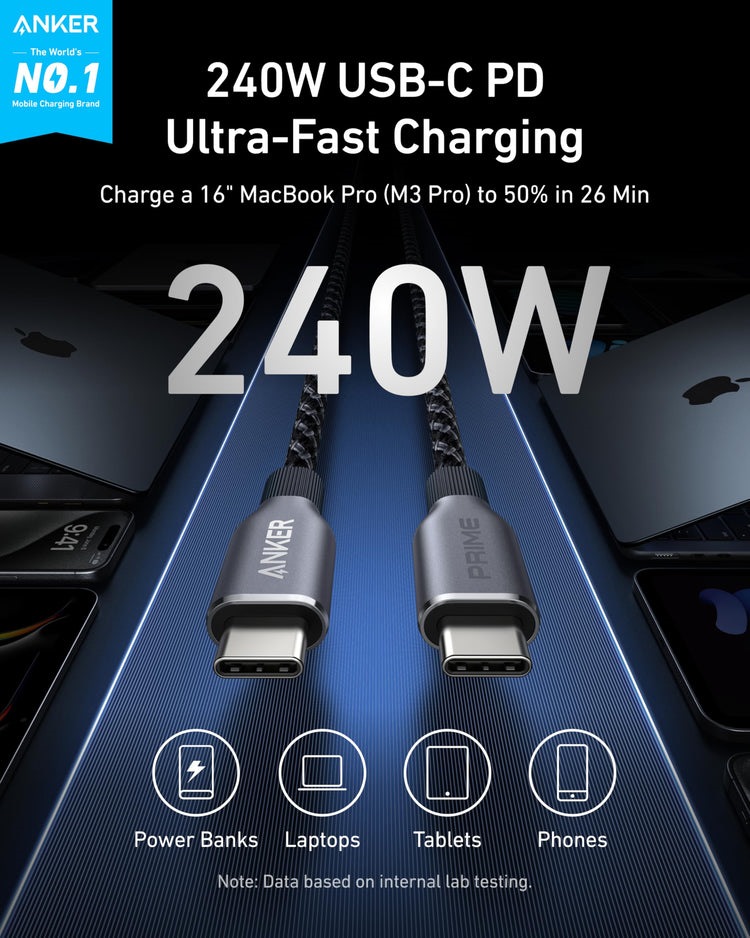 Anker Prime USB-C to USB-C Cable ((240W, Upcycled-Braided) ケーブル グレー | QB871107F7