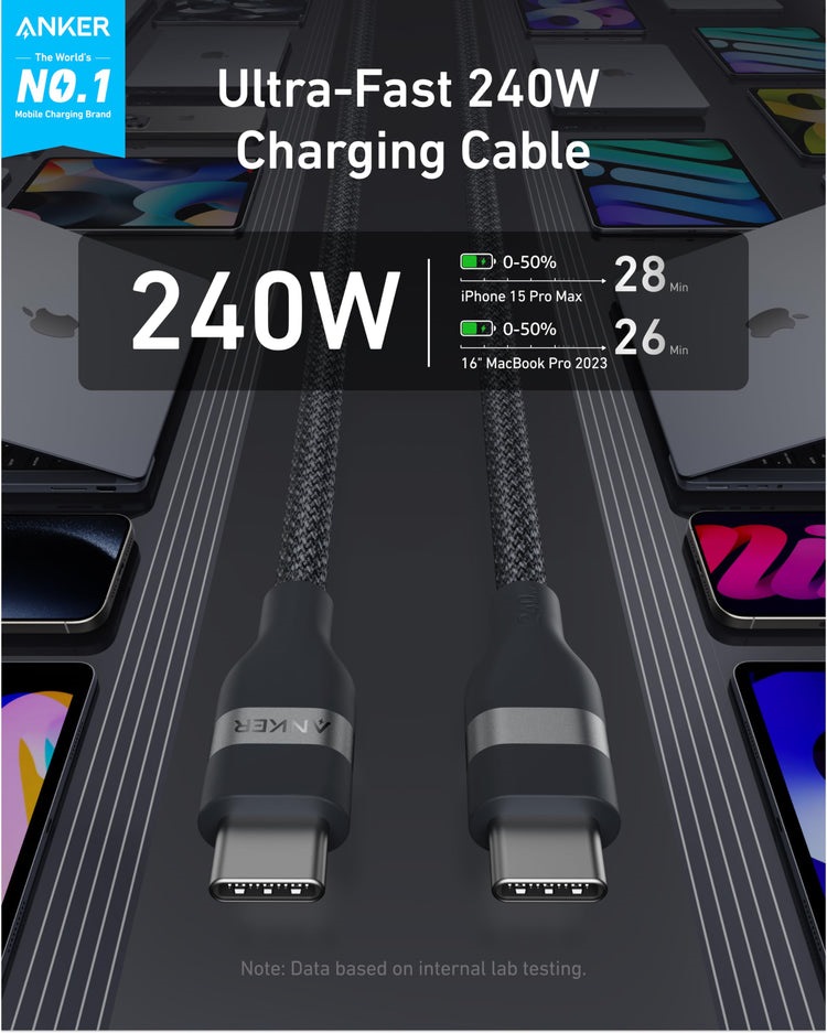 Anker USB-C to USB-C Cable ((3 ft / 6 ft, 240W, Upcycled-Braided) ケーブル 黒 | MB535783Q4